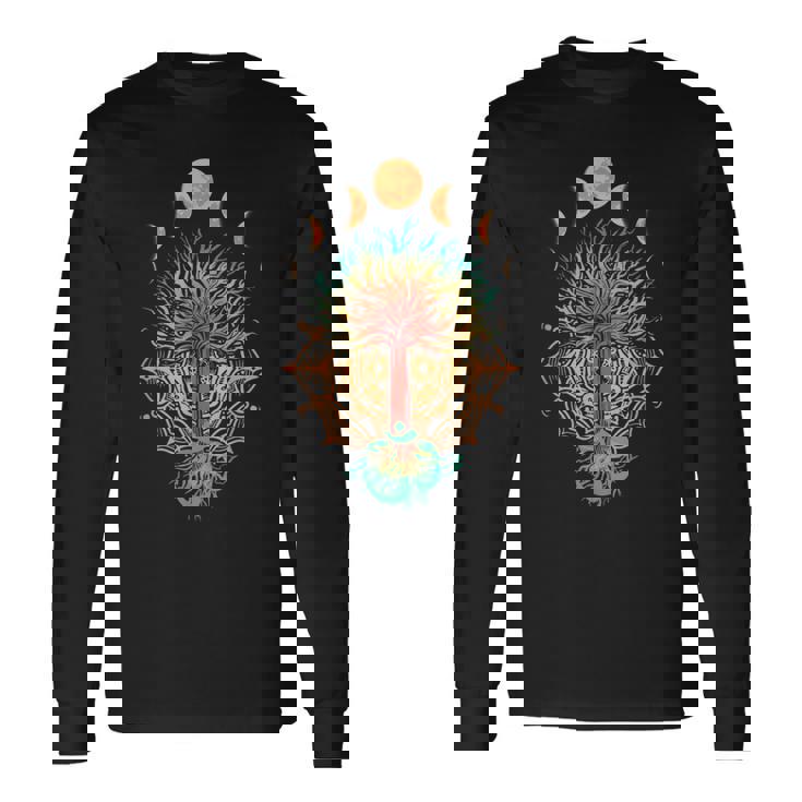 Fase Luna Om Espiritualidad & Símbolo Del Árbol De Meditación Camiseta de manga larga