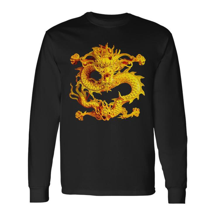 Fearless Golden Chinese Dragon Silhouette 3D Effect Long Sleeve T-Shirt