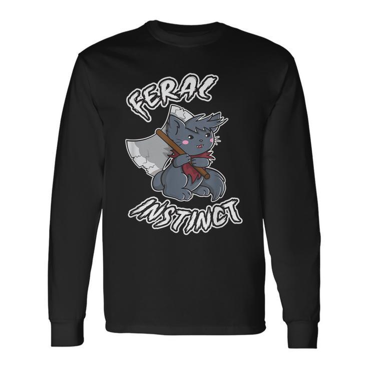 Feral Instinct Barbarian Video Gamer Cat Wields Battle Axe Long Sleeve T-Shirt