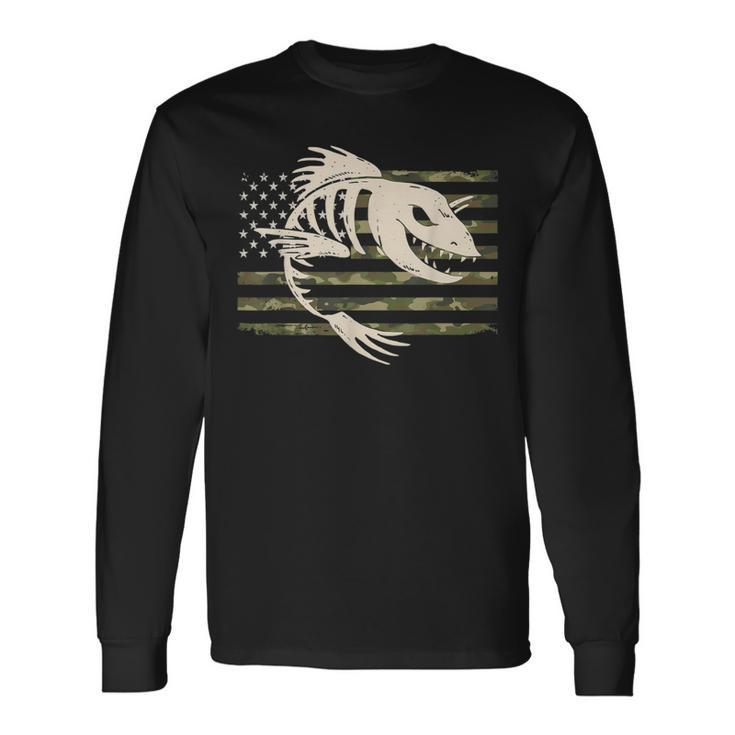 Fish Bones Skeleton Camo Us American Flag Camouflage Fishing Long Sleeve T-Shirt