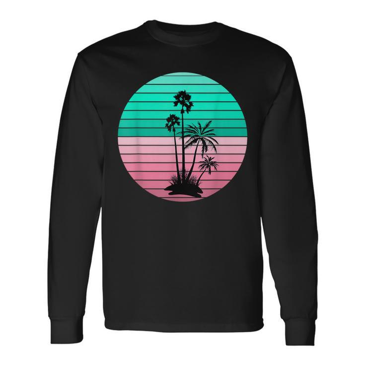 Flamingo Pink And Teal Palm Tree Sunset Long Sleeve T-Shirt