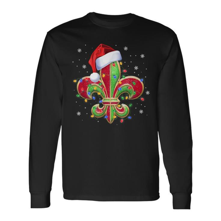 Fleur De Lis Christmas Ornament With Santa Hat Xmas Lights Long Sleeve T-Shirt
