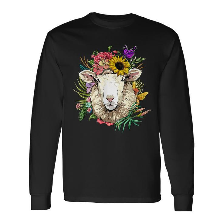 Floral Sheep Lamb Farm Animal Face Farmer Sheep Lover Long Sleeve T-Shirt