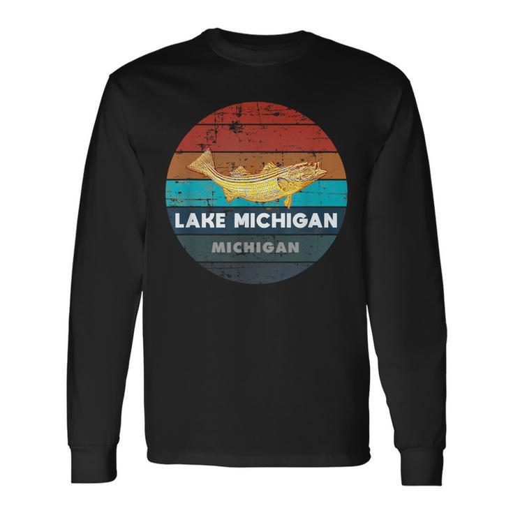 Flying Fishing Bass Salmon Fish Trout Lake Michigan Retro Long Sleeve T-Shirt Gifts ideas