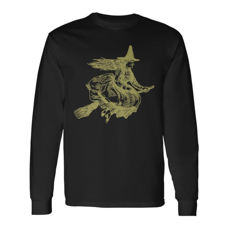Flying Witch On A Broom Occult Magic Dark Gothic Long Sleeve T-Shirt