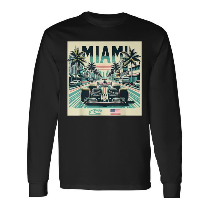 Formula Racing Open Wheel Car Retro Miami Circuit Usa Flag Long Sleeve T-Shirt