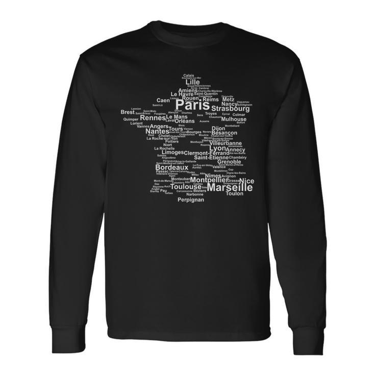 France Silhouette Map French Towns Cities Travel Europe Long Sleeve T-Shirt