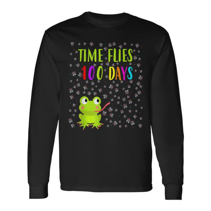 Frog Fly Time Flies 100 Days 100Th Day Of School Students Long Sleeve T-Shirt Gifts ideas