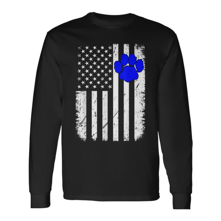 Fun Thin Blue Line Police K9 Dog American Flag Long Sleeve T-Shirt