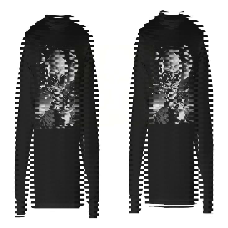 Alien And Cat Ufo Outer Space Cat Lover Kitten Long Sleeve T-Shirt