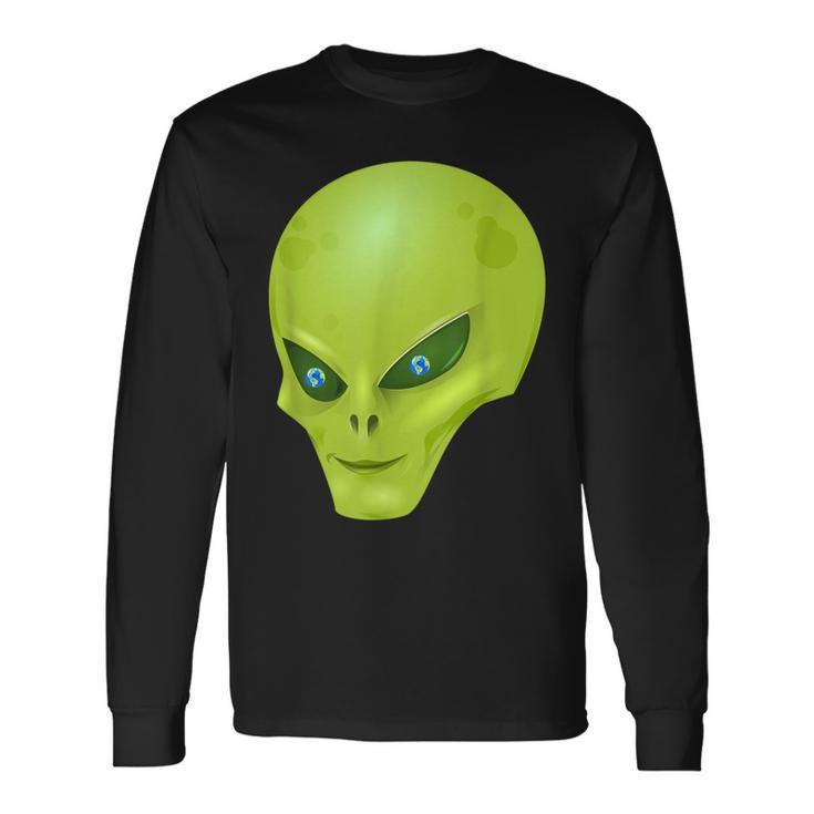 Alien With Earth Eyeballs Ufo Spaceship Novelty Long Sleeve T-Shirt