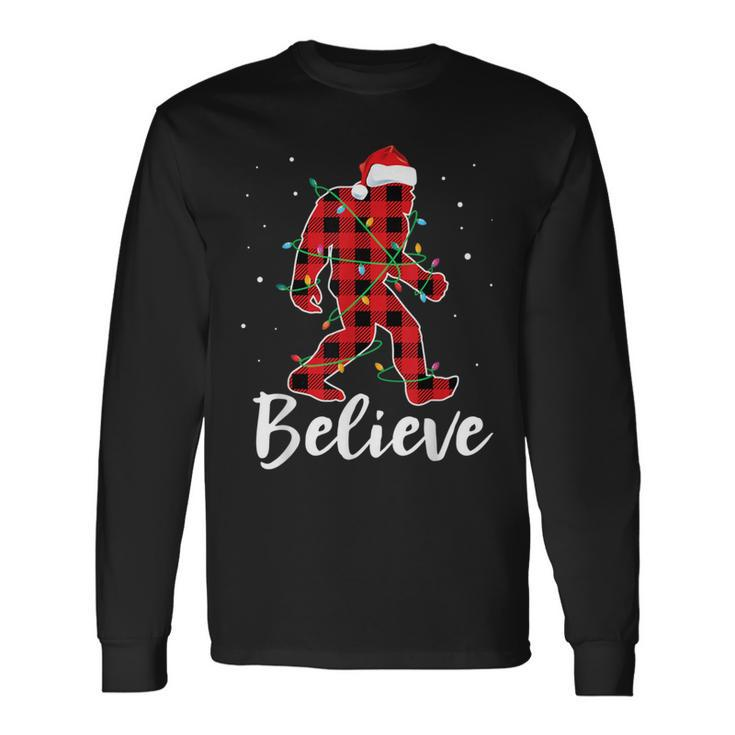 Believe Plaid Bigfoot Christmas Light Sasquatch Santa Long Sleeve T-Shirt