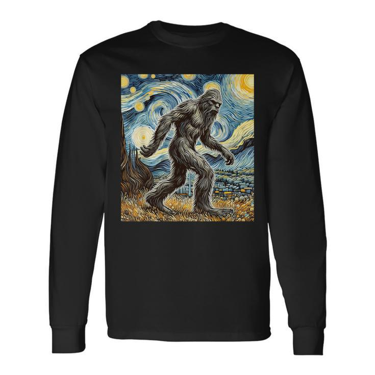 Bigfoot Starry Night Sasquatch Van Gogh Sky Painting Long Sleeve T-Shirt