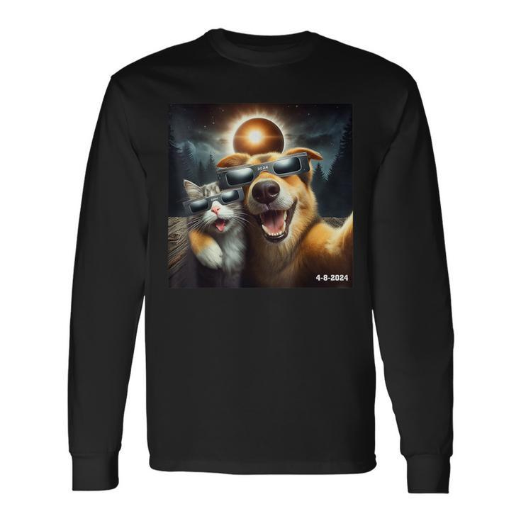Cat And Dog Selfie With Solar 2024 Eclipse Wearing Long Sleeve T-Shirt