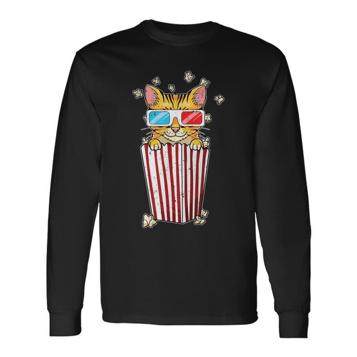 Cat Movies Pun Film Fan Movie Theater Popcorn Long Sleeve T-Shirt