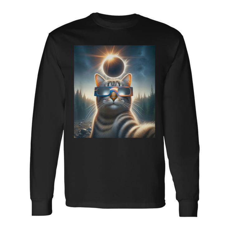 Cat Wearing Solar Eclipse Glasses April 8 2024 Selfie Long Sleeve T-Shirt