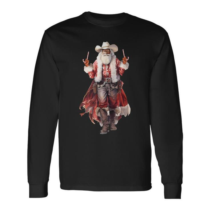 Christmas Western Cowboy Santa Claus And Candy Cane Long Sleeve T-Shirt