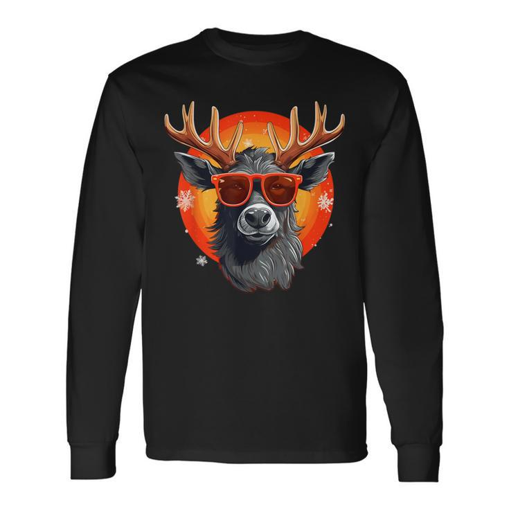 Grey Reindeer With Sunglasses In Christmas Style Long Sleeve T-Shirt