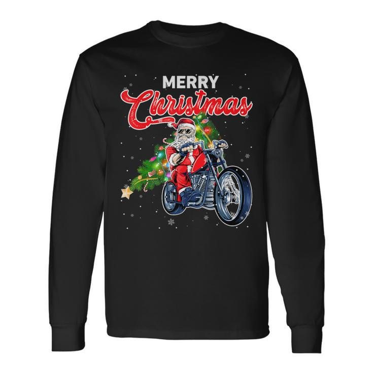 Santa Claus With Motorcycle Xmas Tree Merry Christmas Long Sleeve T-Shirt