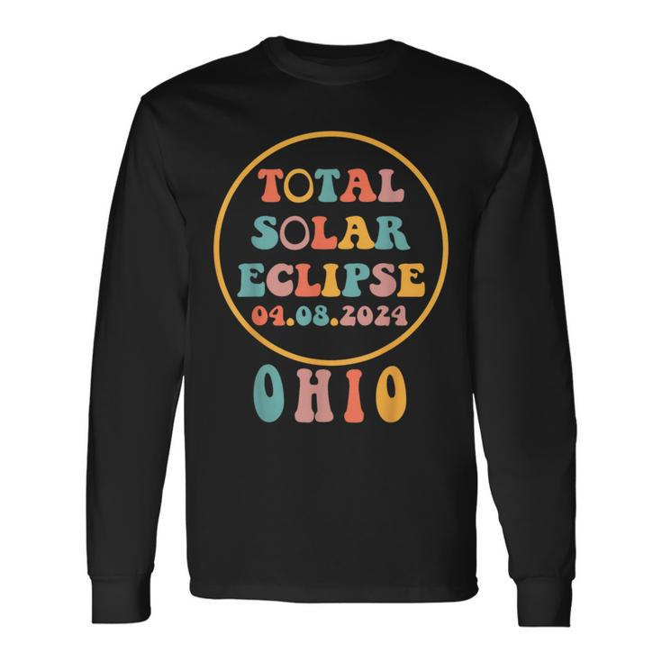 Usa Total Solar Eclipse April 8 2024 Ohio Retro Groovy Long Sleeve T-Shirt