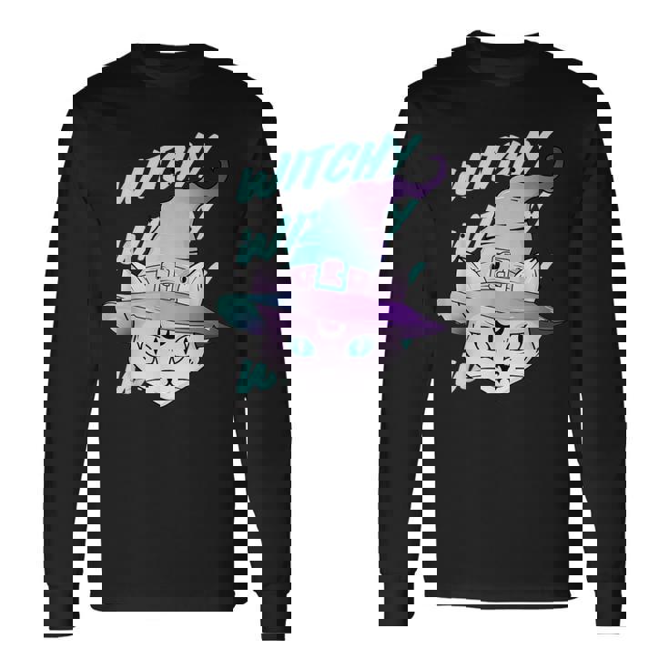 Gato Bruja Gótico Pastel Kawaii Gradiente Estético Pastel Camiseta de manga larga