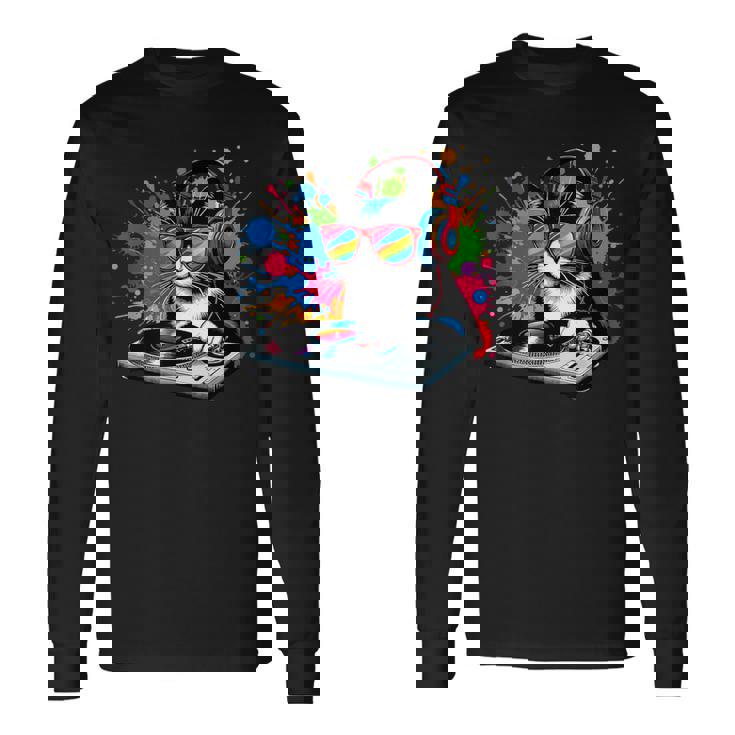 Gato Como Dj Y Djing Tocadiscos Edm Arte Pop Colorido Y Deejay Camiseta de manga larga
