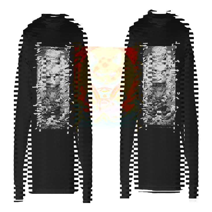 Gato Samurai Guerrero Japonés Ninja Kitty Kawaii Camiseta de manga larga