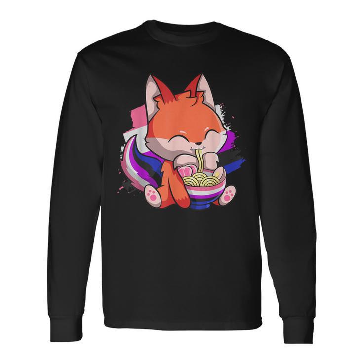 Genderfluid Pride Kawaii Fox Ramen Noodles Genderfluid Flag Long Sleeve T-Shirt