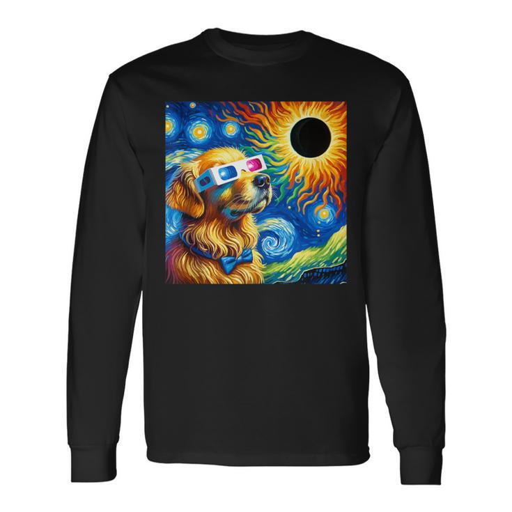 Golden Retriever Solar Eclipse 2024 Van Gogh Starry Night Long Sleeve T-Shirt
