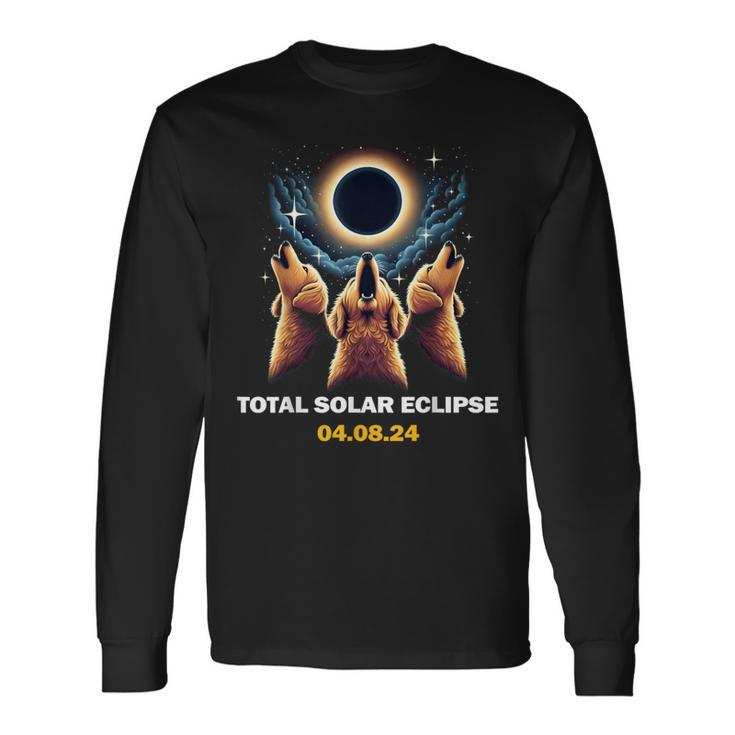 Goldendoodle Dog Howling At Total Solar Eclipse 8 April 2024 Long Sleeve T-Shirt