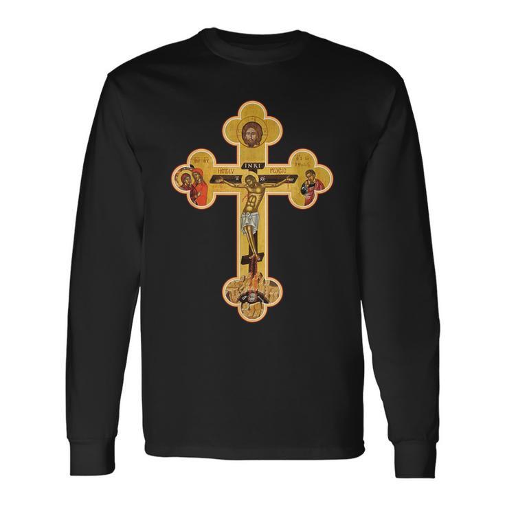Greek Orthodox Jesus Christ Cross Icon Long Sleeve T-Shirt - Monsterry