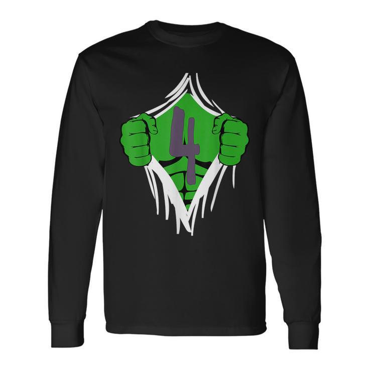 Green Man Chest Superhero Birthday For 4 Year Old Boys Long Sleeve T-Shirt