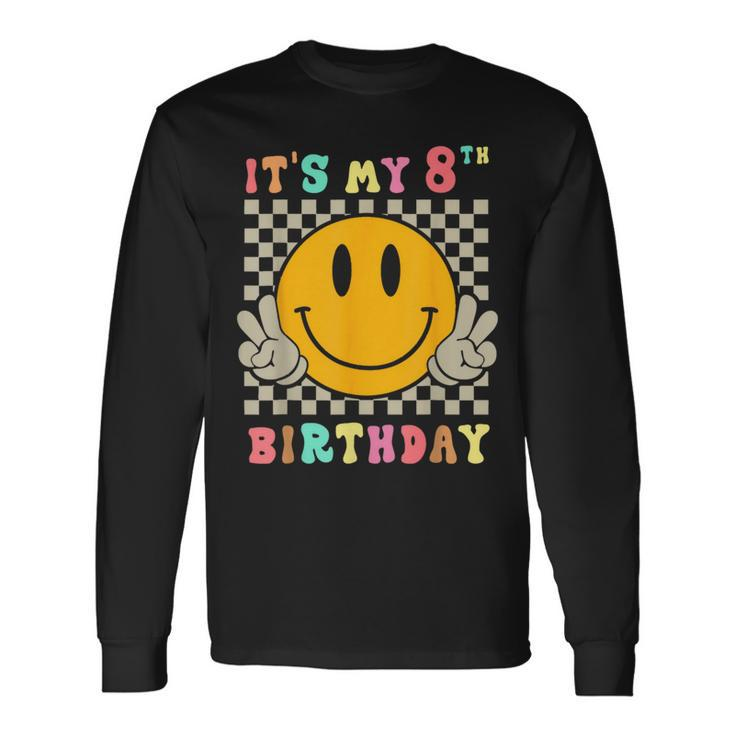Groovy Hippie Smile Face It's My 8Th Birthday Happy 8 Year Long Sleeve T-Shirt