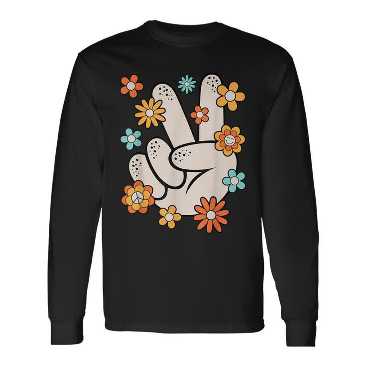 Groovy Peace Hand Sign Hippie Theme Party Outfit 60S 70S Long Sleeve T-Shirt