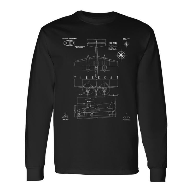 Grumman F7f-1 Tigercat Heavy Fighter 3View Technical Drawing Long Sleeve T-Shirt