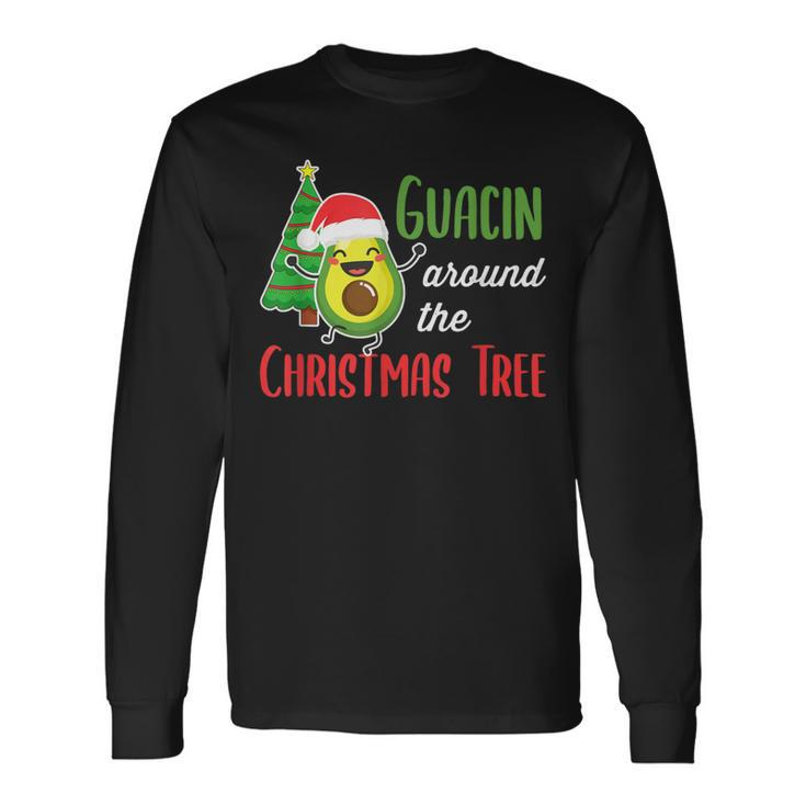 Guacin Around The Christmas Tree Avocado Pj Mexican Navidad Long Sleeve T-Shirt