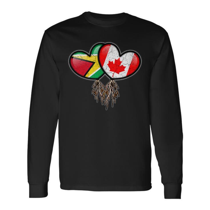 Guyanese Canadian Flags Inside Hearts With Roots Long Sleeve T-Shirt