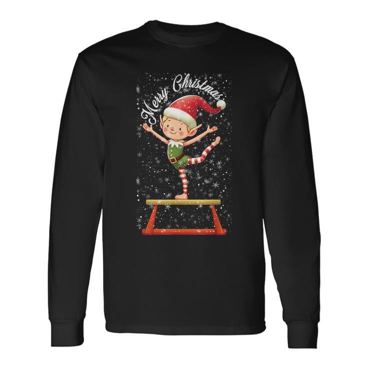 Gymnast Elf On Balance Beam Xmas Gymnastics Christmas Long Sleeve T-Shirt