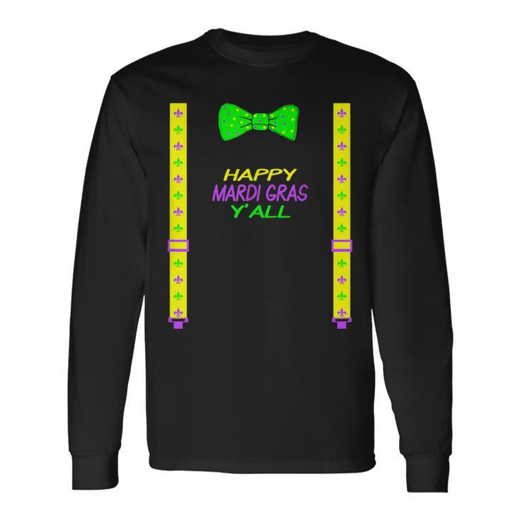 Happy Mardi Gras Yall Bow Tie & Suspender Dye Long Sleeve T-Shirt