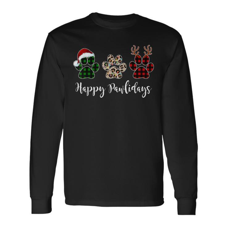 Happy Pawlidays Dog Paws Buffalo Plaid Leopard Christmas Long Sleeve T-Shirt