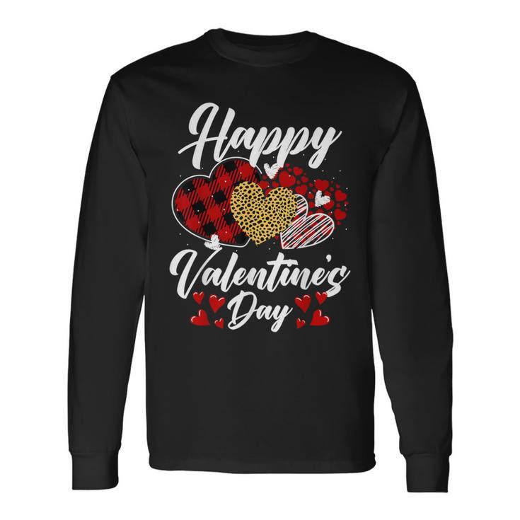 Happy Valentine's Day Hearts With Leopard Plaid Valentine Long Sleeve T-Shirt