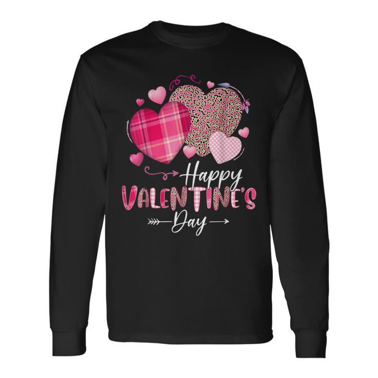 Happy Valentines Day Leopard And Plaid Hearts Girls Women Long Sleeve T-Shirt