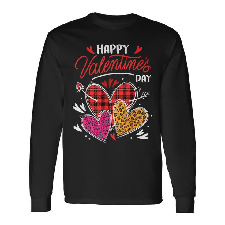 Happy Valentine's Day Three Leopard And Plaid Hearts Girls Long Sleeve T-Shirt
