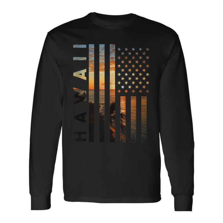 Hawaii Sunset American Flag Honolulu Hawaiian Island Long Sleeve T-Shirt