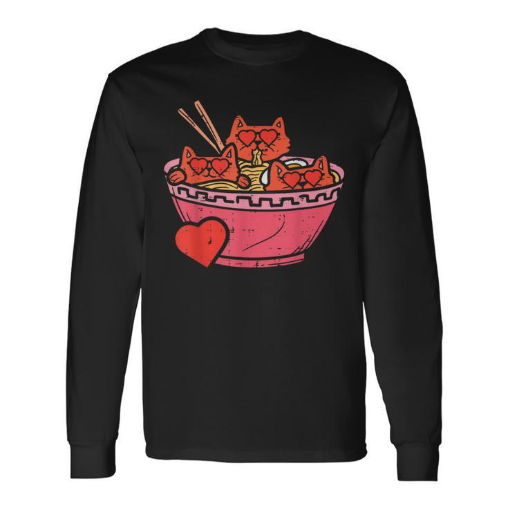 Heart Cats Ramen Noodles Anime Cute Valentines Day Kitten Long Sleeve T-Shirt