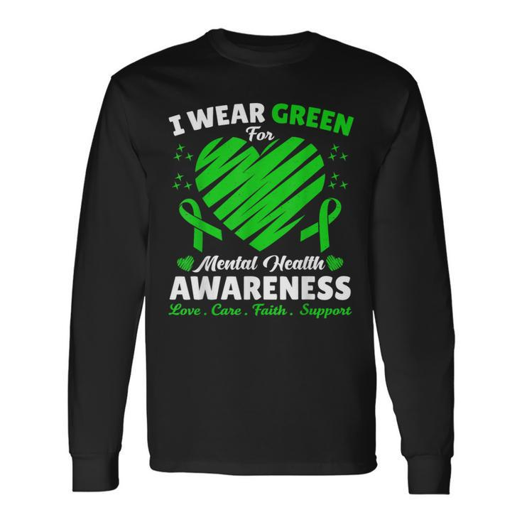 Heart I Wear Green For Mental Health Awareness Month 2024 Long Sleeve T-Shirt