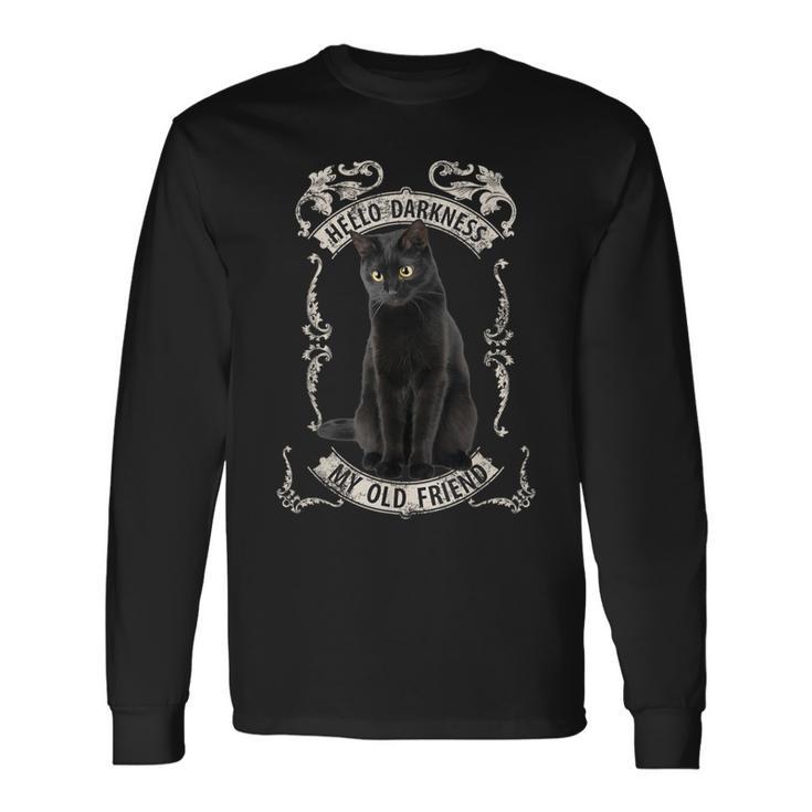 Hello Darkness My Old Friend Black Cat Lovers Music Fan T Long Sleeve T-Shirt