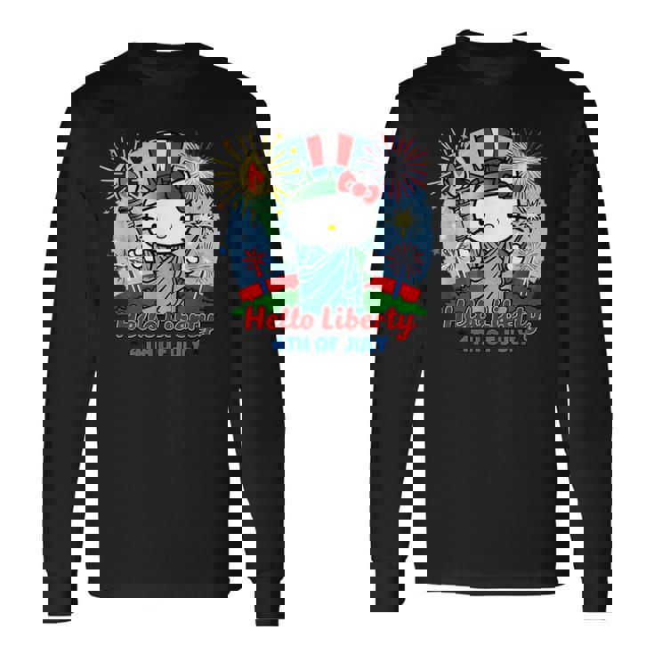 Hello Liberty With Kitty 4Th Of July Usa Flag And Firework Long Sleeve T-Shirt