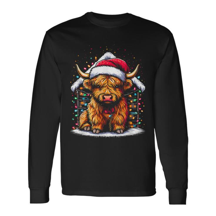 Highland Cow Santa Claus Hat Cute Xmas Cow Christmas Lover Long Sleeve T-Shirt