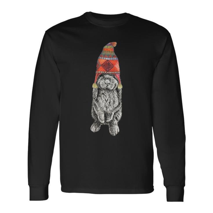 Hipster Lop Eared Bunny Rabbit Wearing Winter Peruvian Hat Long Sleeve T-Shirt Gifts ideas